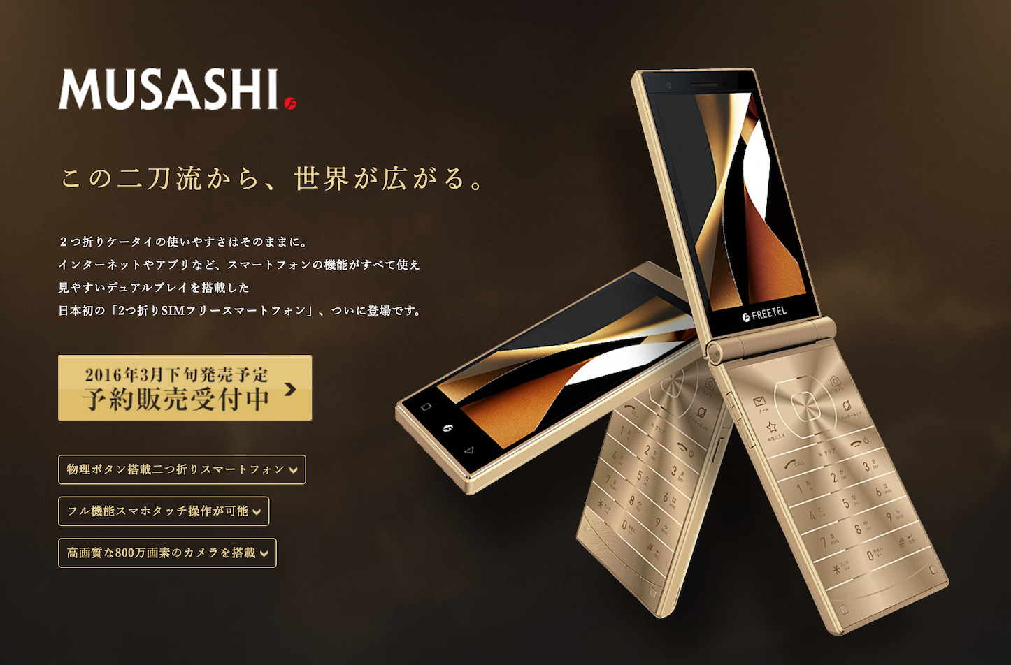 SIMフリー FREETEL MUSASHI ガラケー型 携帯電話