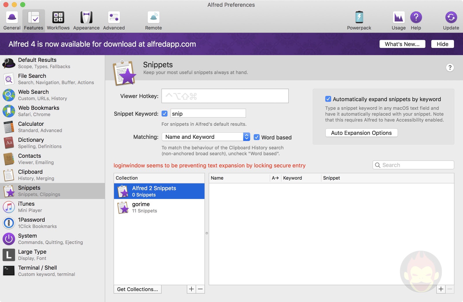 Alfredでスニペットが展開せず Loginwindow Seems To Be Preventing Text Expansion と表示された時の対処法 ゴリミー