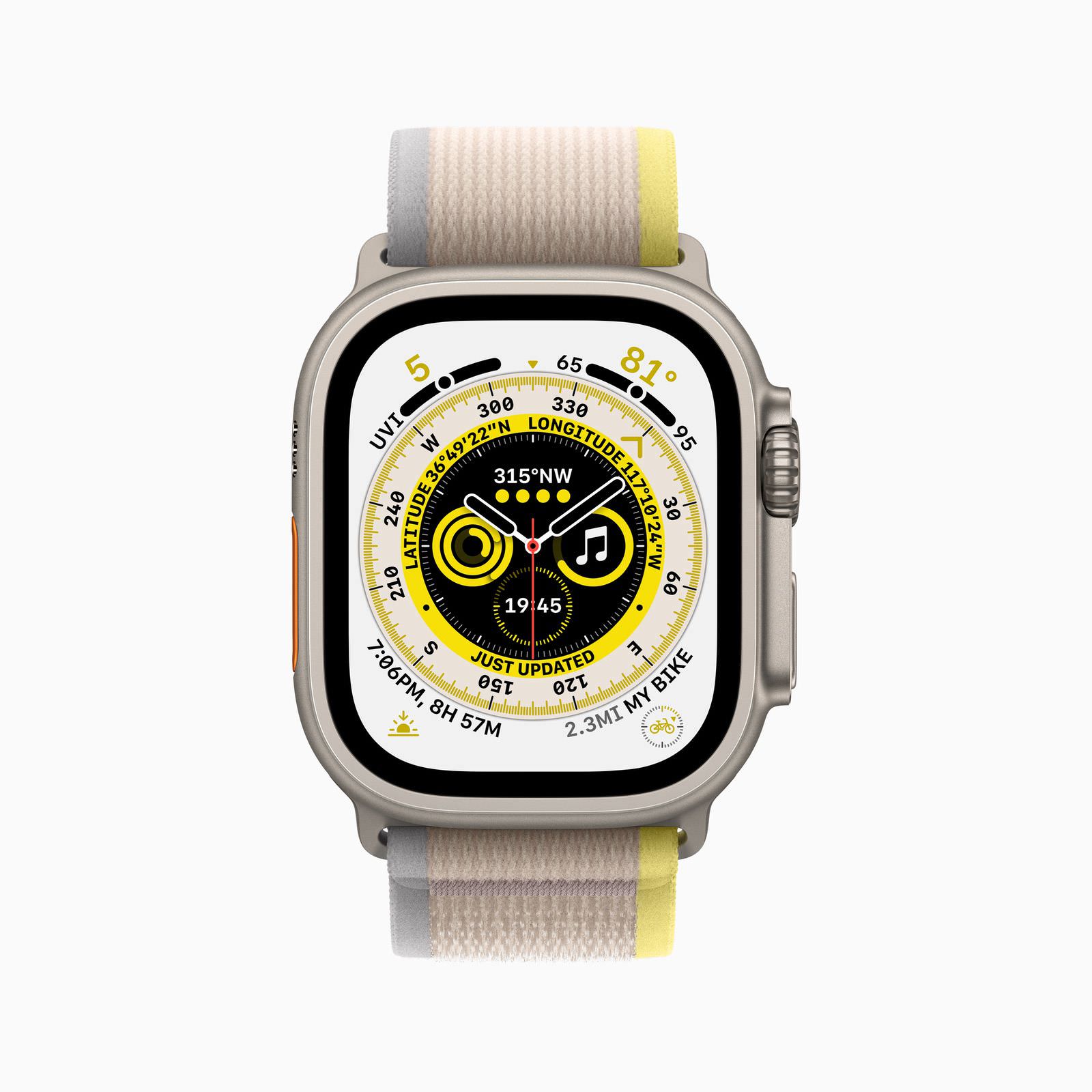 Apple Watch Ultra Yellow Beige Trail Loop Wayfinder face 220907