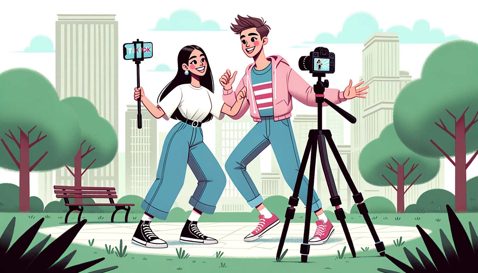 Animation of people using tiktok and videoing it