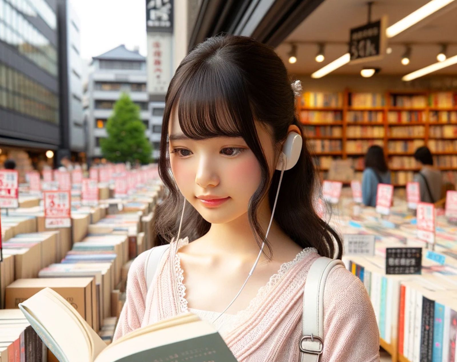 Image of a girl reading a book infront of a bookstore