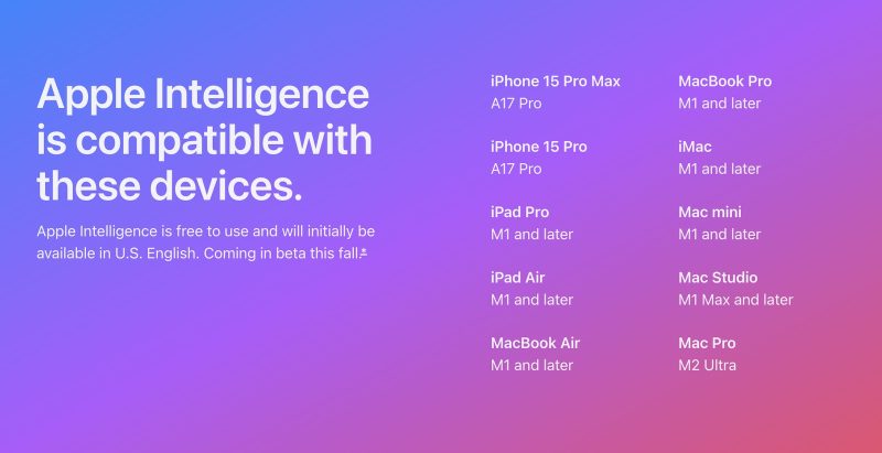 Apple Intelligenceの対応機種：iPhoneは15 Pro/Maxのみ、iPadとMacはM1以降