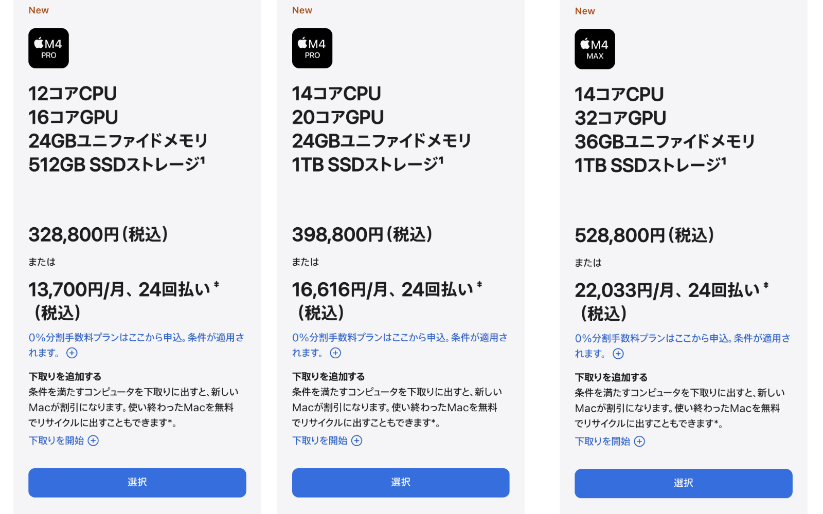 Prices of m4pro and m4max.