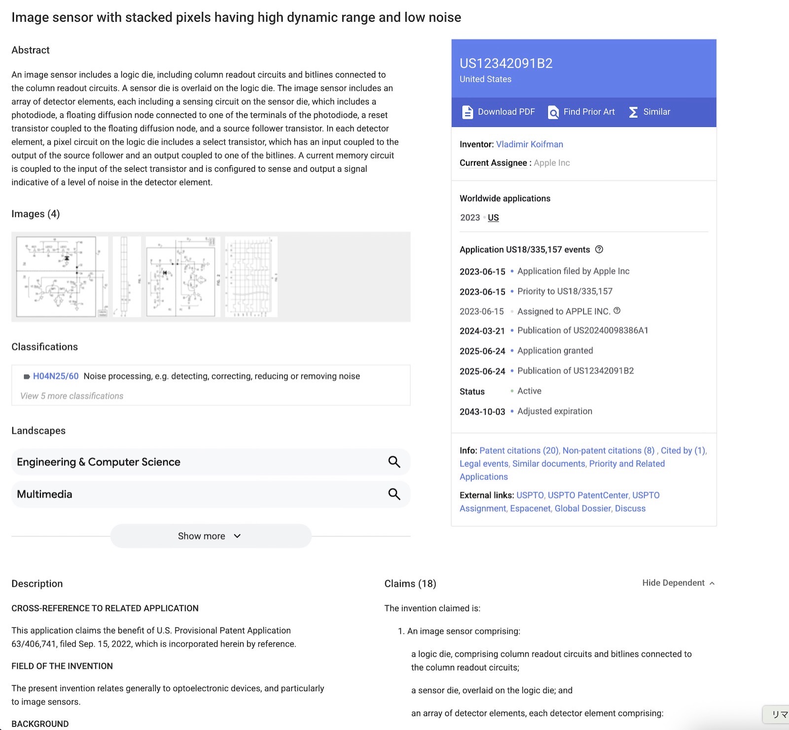 Apple Patent image sensor