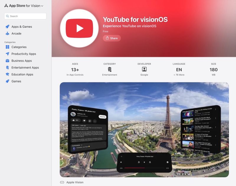 YouTube公式アプリ、Apple Vision Proについに登場。約2年越しの配信実現