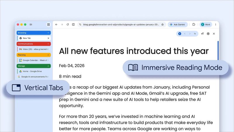 Chrome、ついに垂直タブに対応。リーディングモードも全画面化